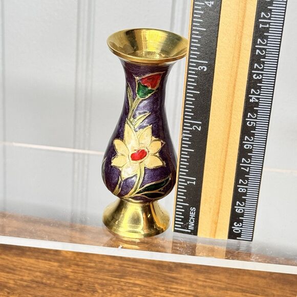 Vintage Brass Mini Bud Vase Hand Painted Floral Enamel Cloisonné Style 3” Small - Picture 7 of 7